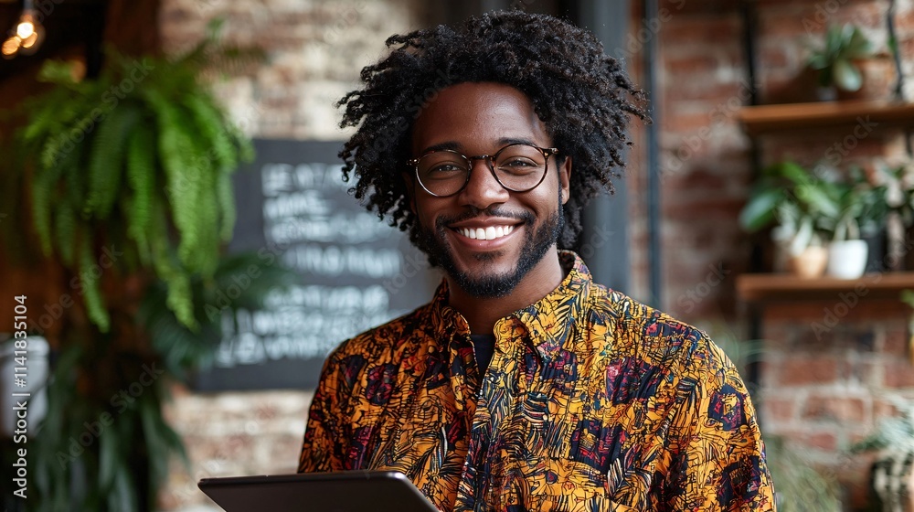 Poster entrepreneur smiling while holding a tablet in front of a growing startup office reflecting mileston