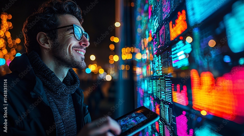 Aufkleber entrepreneur smiling while holding a tablet in front of a growing startup office reflecting mileston