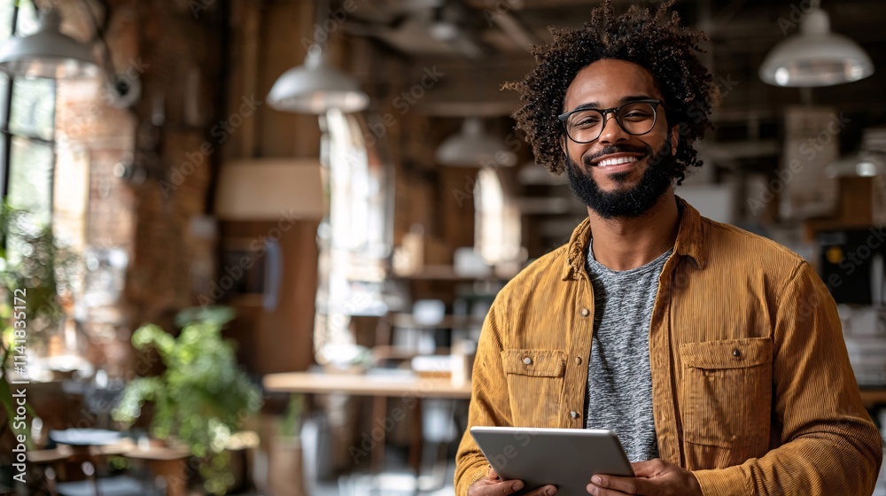Poster entrepreneur smiling while holding a tablet in front of a growing startup office reflecting mileston