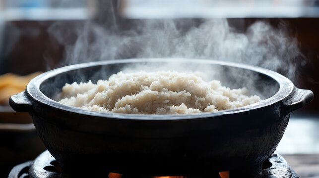 Steaming BaJang food made from rice and whole grains in a traditional pot with visible steam and warm atmosphere