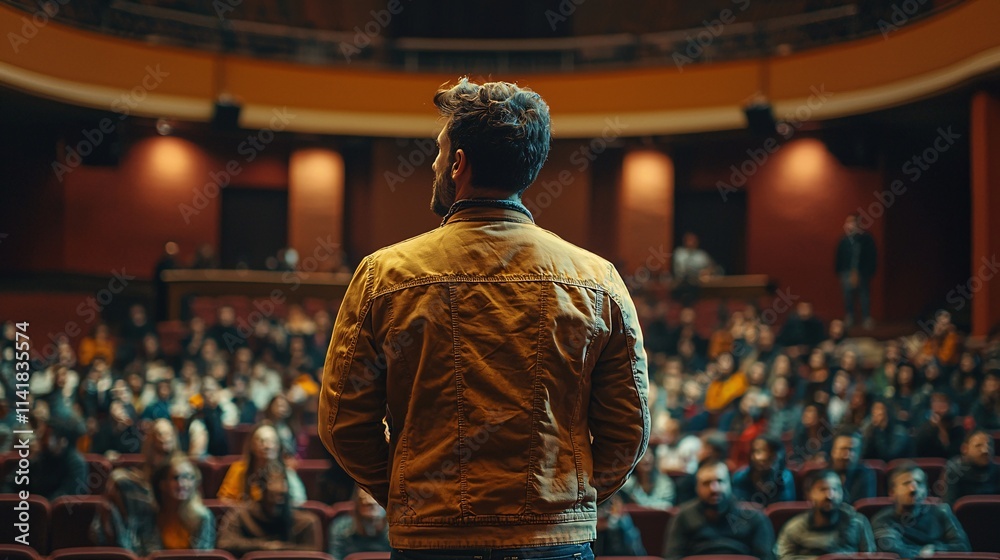 Poster man giving a motivational speech on stage with an engaged audience representing leadership and makin
