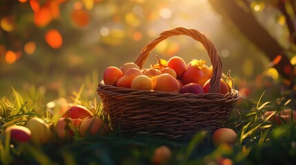 A rustic wicker basket overflowing with colorful fruits resting on vibrant grass illuminated by soft sunset light.