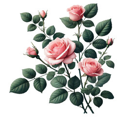 Elegant Pink Roses Bouquet Lush Foliage, Delicate Blooms, Romantic Arrangement isolated PNG