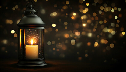 Ramadan Kareem lantern lamps with burning candles illuminated the night sky. Ai generative