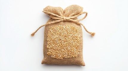 Sack of raw oats on white background showcasing healthy eating options in top view for diet and nutrition concepts
