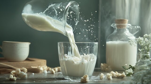 Pouring fresh milk into a glass surrounded by food products emphasizing the concept of allergies and dietary sensitivities