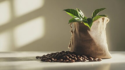 Coffee bag with roasted coffee beans on table featuring fresh leaves for a rustic and inviting culinary presentation