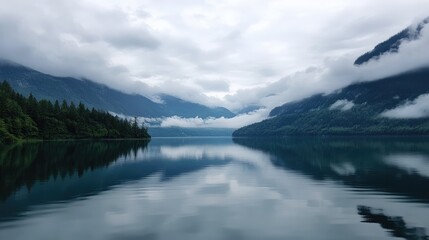 Serene lake landscape under overcast skies reflecting mountains and trees in calm waters