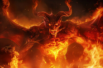 Scary sinister devil is in hell with dramatic fire lighting