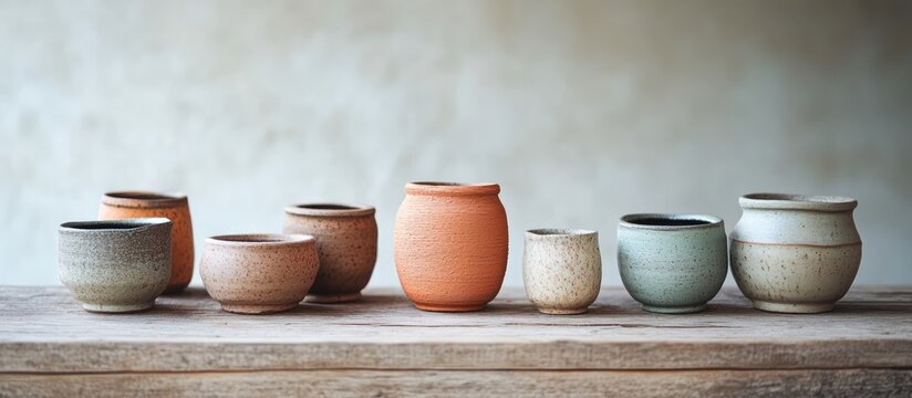 Artisanal Handcrafted Ceramic Containers Displayed on Rustic Wooden Surface
