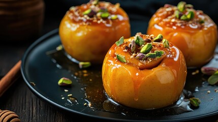 Baked apples drizzled with honey and topped with pistachio nuts served on a black plate for a delicious dessert presentation