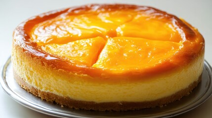 Baked cheesecake adorned with vibrant passion fruit topping on a silver platter showcasing rich textures and tropical flavors