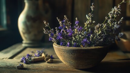 Baikal skullcap herbal medicine in rustic bowl with soft focus natural light ambiance rustic decor and tranquility concept