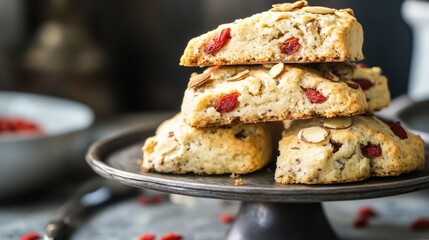 Almond and goji berry scones stacked on a vintage black pedestal plate with a soft-focused background showcasing delicious baked goods.