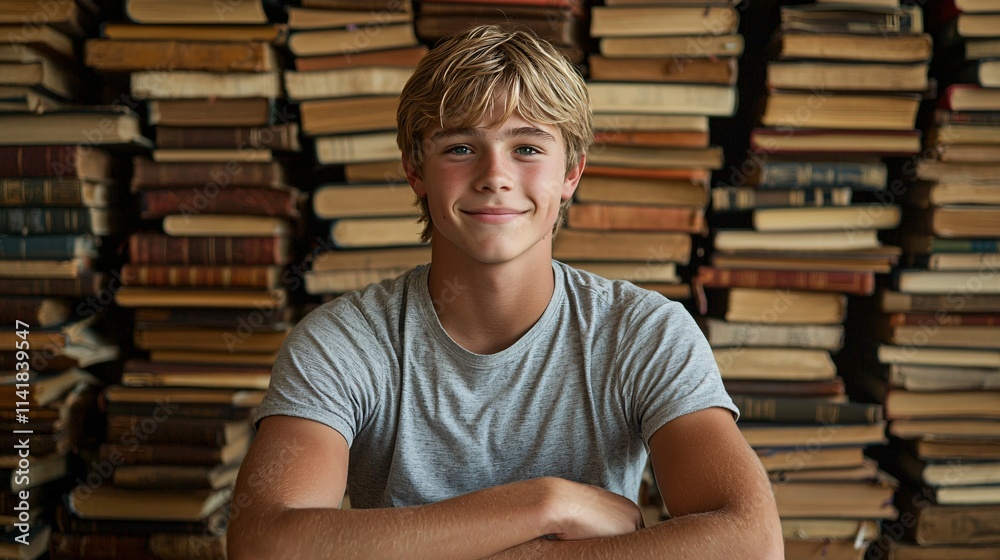 Poster student sitting in a library surrounded by books symbolizing academic dedication and personal milest