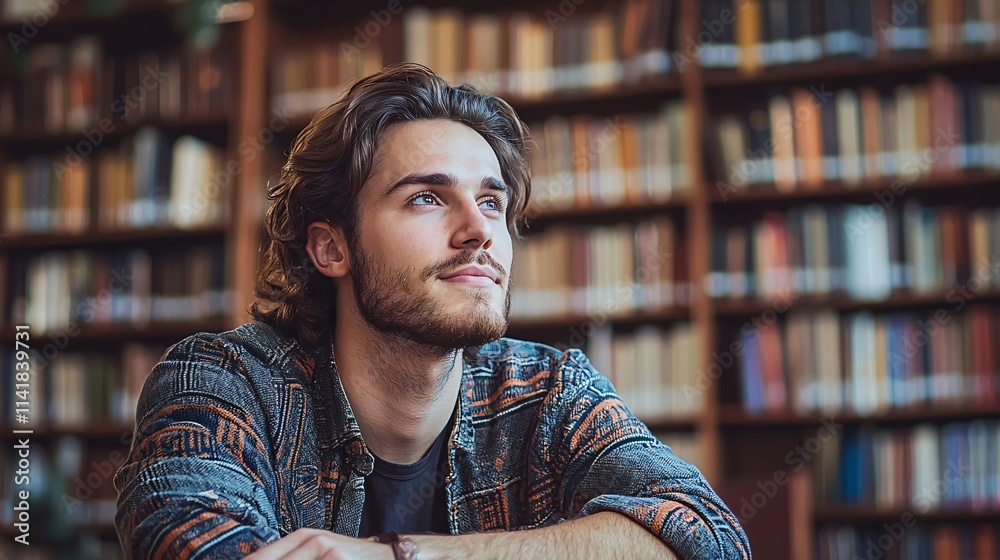 Poster student sitting in a library surrounded by books symbolizing academic dedication and personal milest