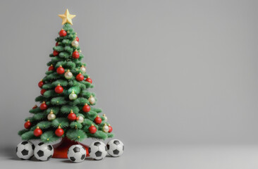 Christmas tree with balls and soccer balls on a monochrome background. free space for text