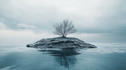 Solitary island with a barren tree surrounded by calm waters and a moody sky creating a serene coastal landscape atmosphere