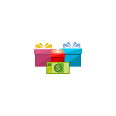 Gift box with ribbon and dollar sign, money prize icon isolated on transparent background