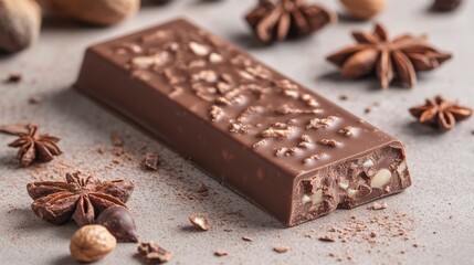 Milk chocolate bar with nuts and cinnamon surrounded by spices on a rustic table showcasing rich textures and flavors.