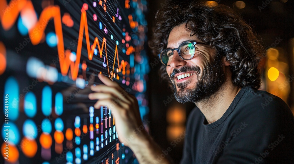 Aufkleber entrepreneur smiling while pointing at a growth chart in a meeting room symbolizing milestones and b