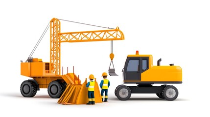 Fototapeta premium Construction Scene with Yellow Crane and Workers on White Background