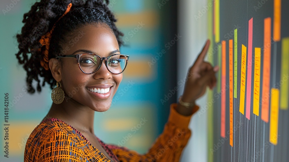Poster entrepreneur smiling while pointing at a growth chart in a meeting room symbolizing milestones and b