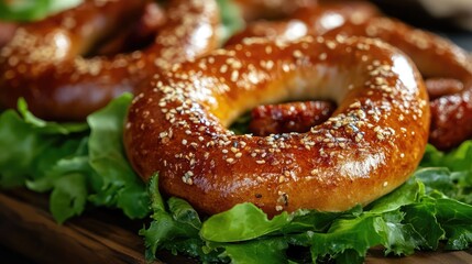 Fresh bagels topped with crispy fried sausage adorned with vibrant green lettuce on a rustic wooden surface