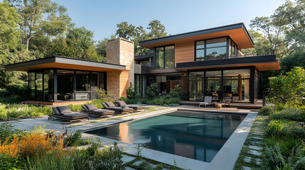 Fototapeta premium A detailed photography capturing a stylish home with bold, contemporary architecture, large outdoor patios, a vibrant garden with decorative pathways, and a serene pool reflecting the clear blue sky.