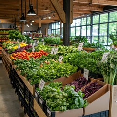 Fresh local produce at organic market city center grocery store indoor environment wide angle healthy living concept