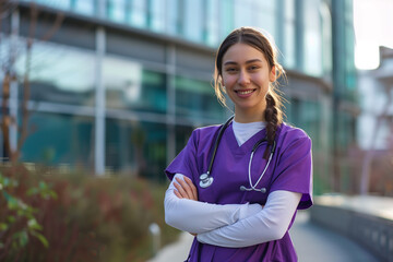 A young white nurse standing in front of the hospital, wearing purple scrubs and a white long sleeve with a stethoscope around her neck