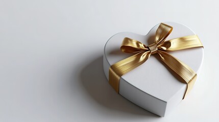 Fototapeta premium White heart-shaped box with golden ribbon on light background