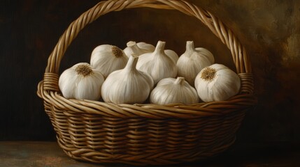A rustic woven basket filled with fresh white garlic cloves showcasing culinary ingredients and natural textures.