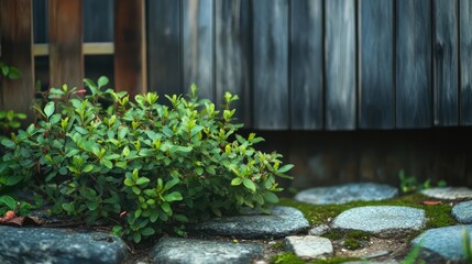 Lush green bush in a tranquil garden setting with wooden fence and decorative stones for a serene outdoor atmosphere