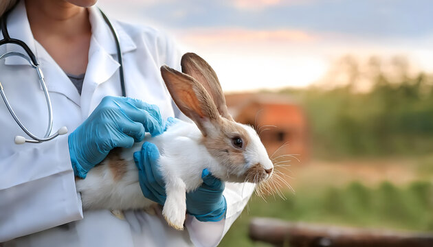White rabbit in Veterinarian hands for check up and holding stethoscope, Animal care and ecological farming concept, blurred farmland on background.
