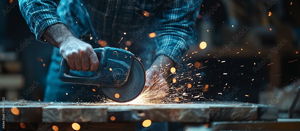 Poster close-up of a diy enthusiast using a compact electric saw to cut wood with precision for home improv