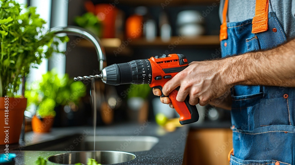 Poster Man using a cordless power drill to assemble furniture at home with focus on convenience and flexibility Stock Photo with side copy space