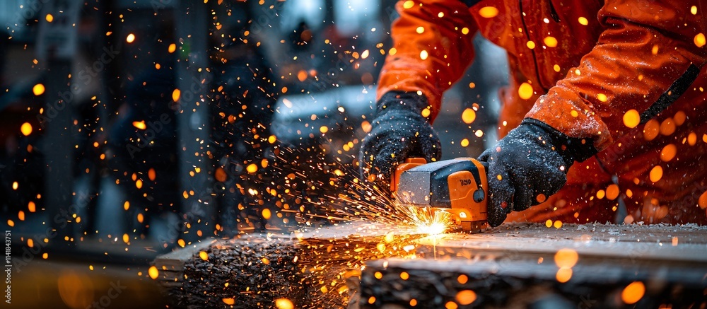 Poster close-up of a diy enthusiast using a compact electric saw to cut wood with precision for home improv