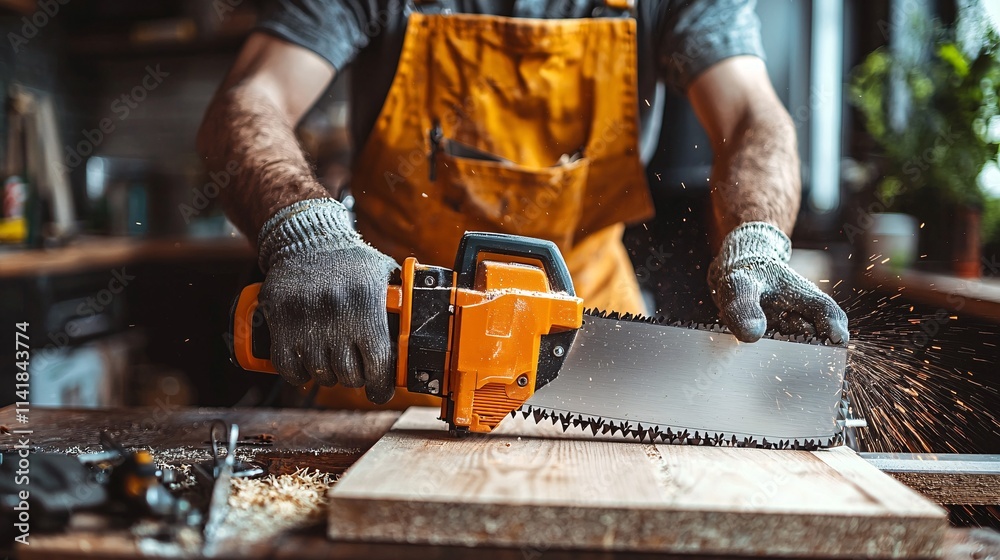 Poster close-up of a diy enthusiast using a compact electric saw to cut wood with precision for home improv