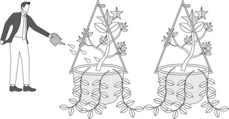 Cultivating good customer service ratings and ratings, businessman holding watering can watering potted plants growing stars