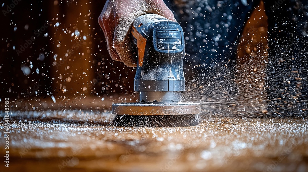 Poster Homeowner using a multi-function power tool to polish and smooth a wooden surface during a home repair Stock Photo with side copy space