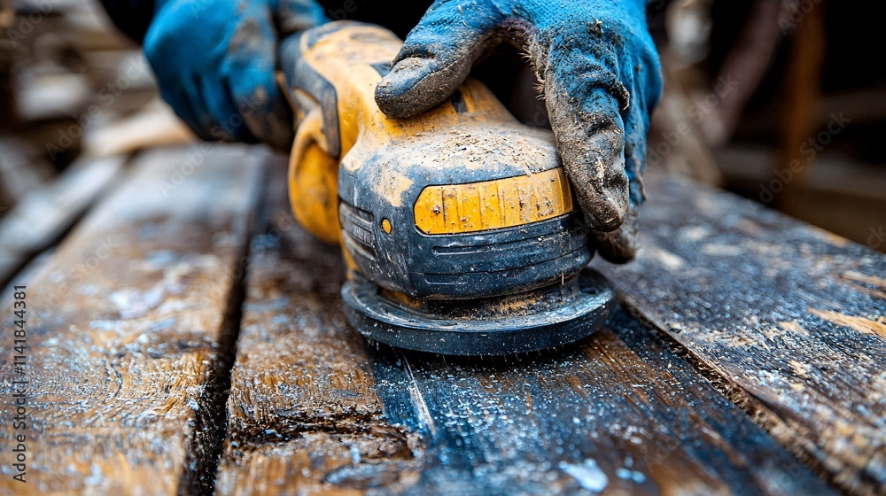 Poster homeowner using a multi-function power tool to polish and smooth a wooden surface during a home repa