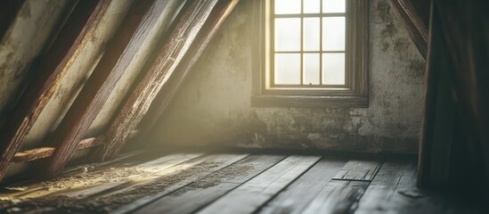 Rustic attic interior with wooden beams and a small window creating a warm ambiance perfect for design inspiration and home decor ideas