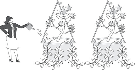 Cultivating good customer service ratings and ratings, businesswoman holding watering can watering potted plants growing stars
