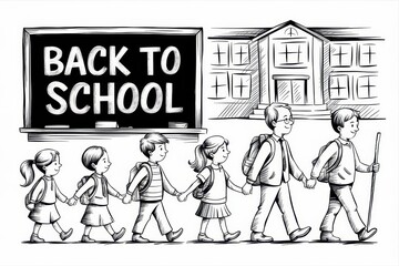 Children and adults walk to school together happily