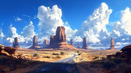 Scenic road through a desert landscape with towering sandstone formations under a vibrant blue sky with fluffy clouds.