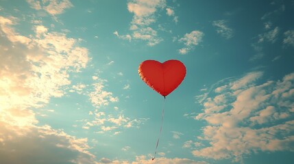 Fototapeta premium Red heart balloon in blue sky with clouds