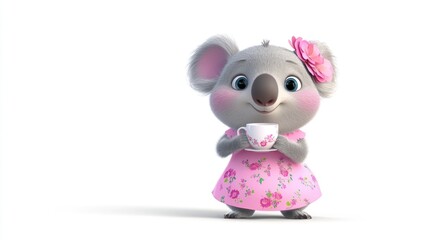 Fototapeta premium Cartoon koala girl in a pink dress holding a teacup.