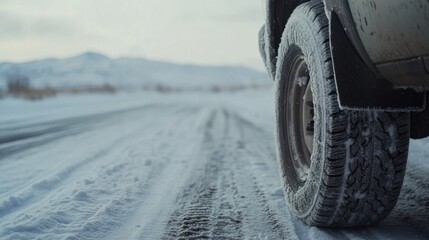 Naklejka premium a truck driving down a snowy road with a mountain in the background