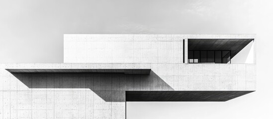 Abstract black and white aerial view of a modern concrete building highlighting unique architectural design and industrial aesthetics